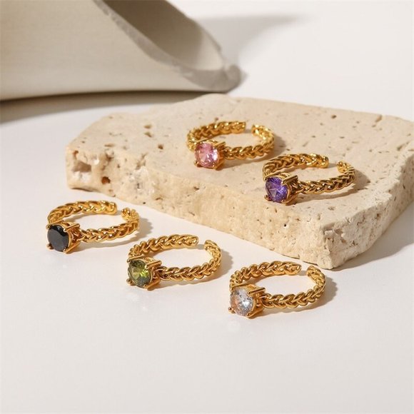 Clear Cubic Zirconia Woven Chain Adjustable Ring 18K Gold Plating Steel - Picture 11 of 13